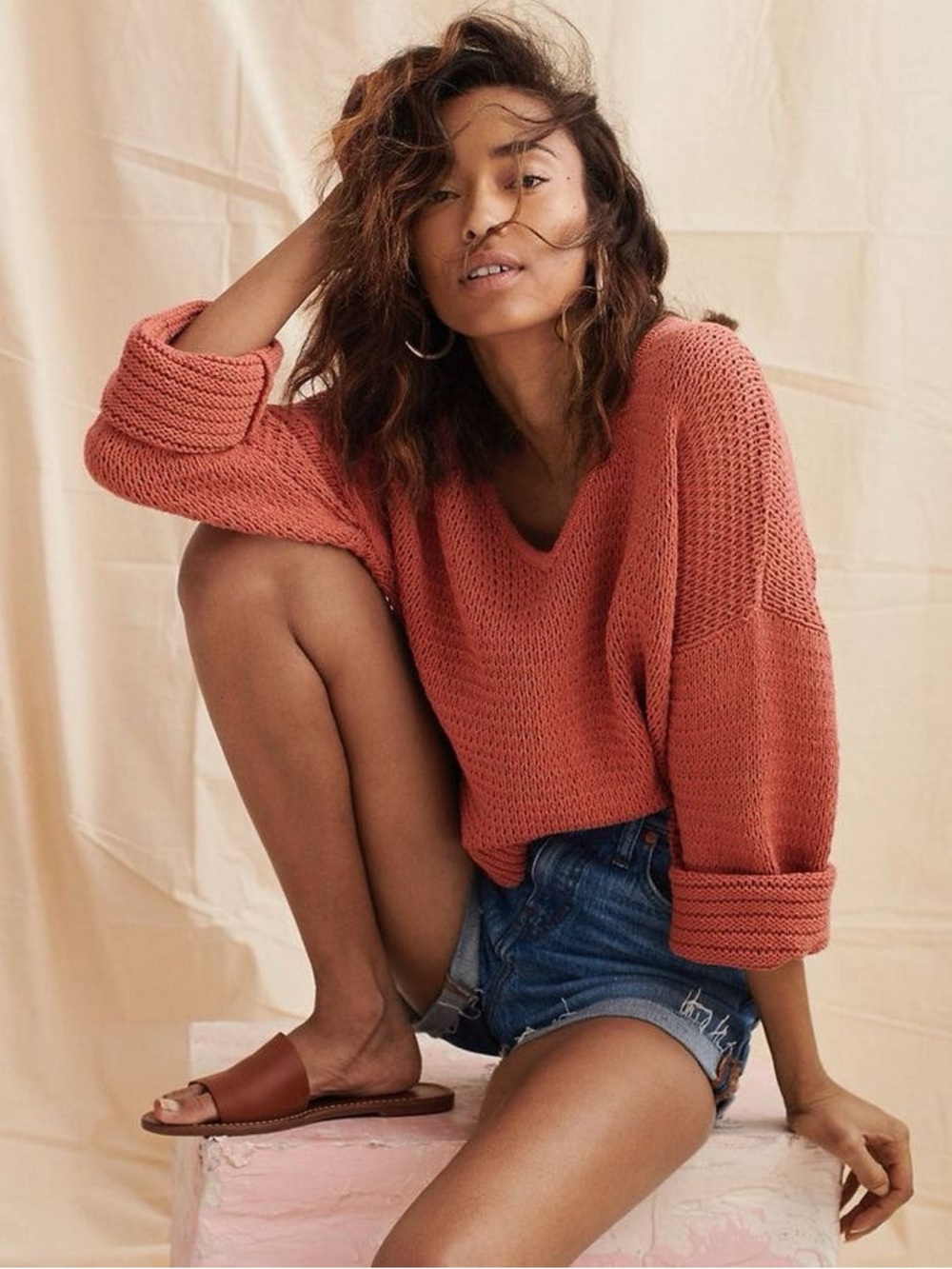 Madewell Breezeway Sweater Size Small in Sweet Dahlia Coral Open Knit V-Neck